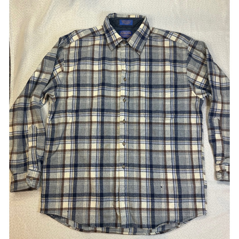 Pendleton Mens Large Wool Plaid Flannel Shirt Grey Blue Brown Button Down L